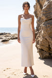 White Sheath Cowl Neck Satin Strapless Maxi Wedding Dress with Back Slit