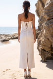 White Sheath Cowl Neck Satin Strapless Maxi Wedding Dress with Back Slit
