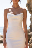 White Sheath Cowl Neck Satin Strapless Maxi Wedding Dress with Back Slit