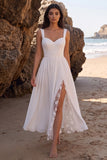 White A-Line Ruched Chiffon Sweetheart Midi Wedding Dress with Lace Side Slit