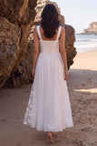 White A-Line Ruched Chiffon Sweetheart Midi Wedding Dress with Lace Side Slit