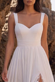 White A-Line Ruched Chiffon Sweetheart Midi Wedding Dress with Lace Side Slit