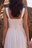 White A-Line Ruched Chiffon Sweetheart Midi Wedding Dress with Lace Side Slit