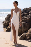 White Corset Sheath V-Neck Tulle Ruched Maxi Wedding Dress with Side Slit