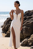 White Corset Sheath V-Neck Tulle Ruched Maxi Wedding Dress with Side Slit