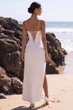 White Corset Sheath V-Neck Tulle Ruched Maxi Wedding Dress with Side Slit