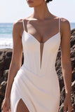 White Corset Sheath V-Neck Tulle Ruched Maxi Wedding Dress with Side Slit