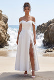 White A-Line Off the Shoulder Satin Ruched Maxi Wedding Dress with Lace Slit