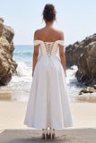 White A-Line Off the Shoulder Satin Ruched Maxi Wedding Dress with Lace Slit