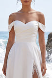 White A-Line Off the Shoulder Satin Ruched Maxi Wedding Dress with Lace Slit