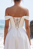 White A-Line Off the Shoulder Satin Ruched Maxi Wedding Dress with Lace Slit