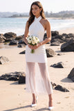 White Halter Sheath Tulle Short Wedding Dress