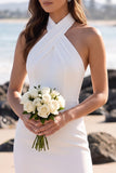 White Halter Sheath Tulle Short Wedding Dress