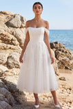 White A-Line Off the Shoulder Appliqued Tea-Length Tulle Wedding Dress