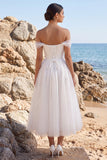 White A-Line Off the Shoulder Appliqued Tea-Length Tulle Wedding Dress