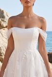 White A-Line Off the Shoulder Appliqued Tea-Length Tulle Wedding Dress