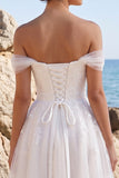 White A-Line Off the Shoulder Appliqued Tea-Length Tulle Wedding Dress