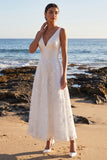 White A-Line Satin V-Neck Lace Appliques Maxi Wedding Dress