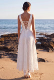 White A-Line Satin V-Neck Lace Appliques Maxi Wedding Dress