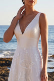 White A-Line Satin V-Neck Lace Appliques Maxi Wedding Dress