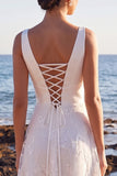 White A-Line Satin V-Neck Lace Appliques Maxi Wedding Dress