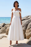 Off the Shoulder White A-Line Ruched Satin Tea-Length Wedding Dress with Lace