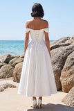 Off the Shoulder White A-Line Ruched Satin Tea-Length Wedding Dress with Lace