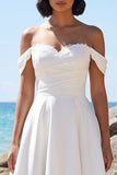 Off the Shoulder White A-Line Ruched Satin Tea-Length Wedding Dress with Lace
