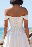 Off the Shoulder White A-Line Ruched Satin Tea-Length Wedding Dress with Lace