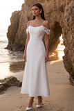 White Cold Shoulder A-Line Appliqued Tea-Length Wedding Dress