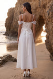 White Cold Shoulder A-Line Appliqued Tea-Length Wedding Dress