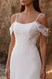 White Cold Shoulder A-Line Appliqued Tea-Length Wedding Dress