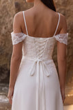 White Cold Shoulder A-Line Appliqued Tea-Length Wedding Dress
