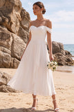 Off the Shoulder White A-Line Ruched Chiffon Midi Wedding Dress