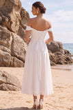 Off the Shoulder White A-Line Ruched Chiffon Midi Wedding Dress