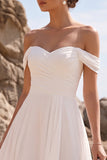 Off the Shoulder White A-Line Ruched Chiffon Midi Wedding Dress
