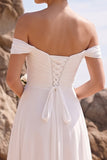 Off the Shoulder White A-Line Ruched Chiffon Midi Wedding Dress