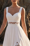 White Ruched Cut Out Lace Chiffon A-Line Maxi Wedding Dress with Appliques