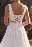 White Ruched Cut Out Lace Chiffon A-Line Maxi Wedding Dress with Appliques