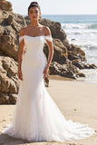 White Mermaid Off the Shoulder Tulle Appliqued Long Wedding Dress