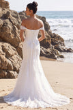 White Mermaid Off the Shoulder Tulle Appliqued Long Wedding Dress