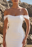 White Mermaid Off the Shoulder Tulle Appliqued Long Wedding Dress