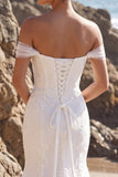 White Mermaid Off the Shoulder Tulle Appliqued Long Wedding Dress