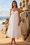 White A-Line Ruched Tea-Length Tulle Strapless Wedding Dress with Appliques
