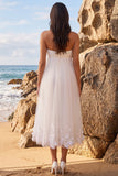White A-Line Ruched Tea-Length Tulle Strapless Wedding Dress with Appliques