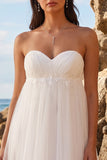 White A-Line Ruched Tea-Length Tulle Strapless Wedding Dress with Appliques