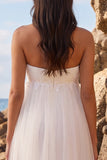 White A-Line Ruched Tea-Length Tulle Strapless Wedding Dress with Appliques