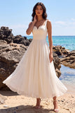 White A-Line Pleated Chiffon V-Neck Sweetheart Midi Wedding Dress