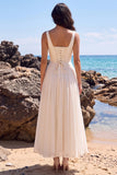 White A-Line Pleated Chiffon V-Neck Sweetheart Midi Wedding Dress