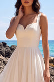 White A-Line Pleated Chiffon V-Neck Sweetheart Midi Wedding Dress